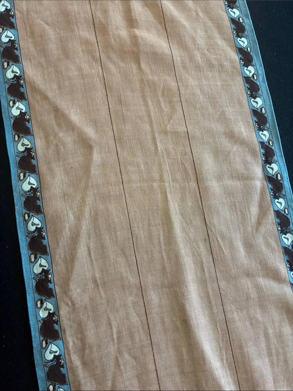 Vintage Long Linen Brown and Blue Bird Motif Scarf
